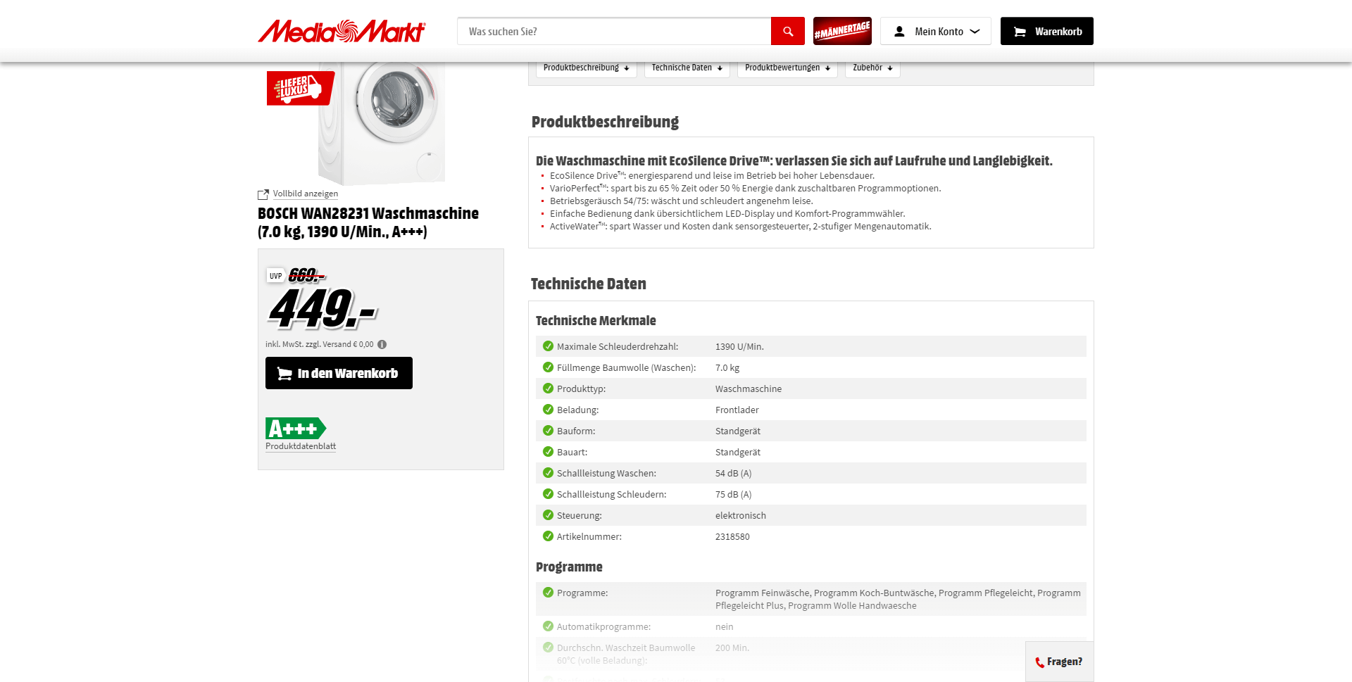 Bosch washing machine product description on MediaMarkt showing benefit-led copy
