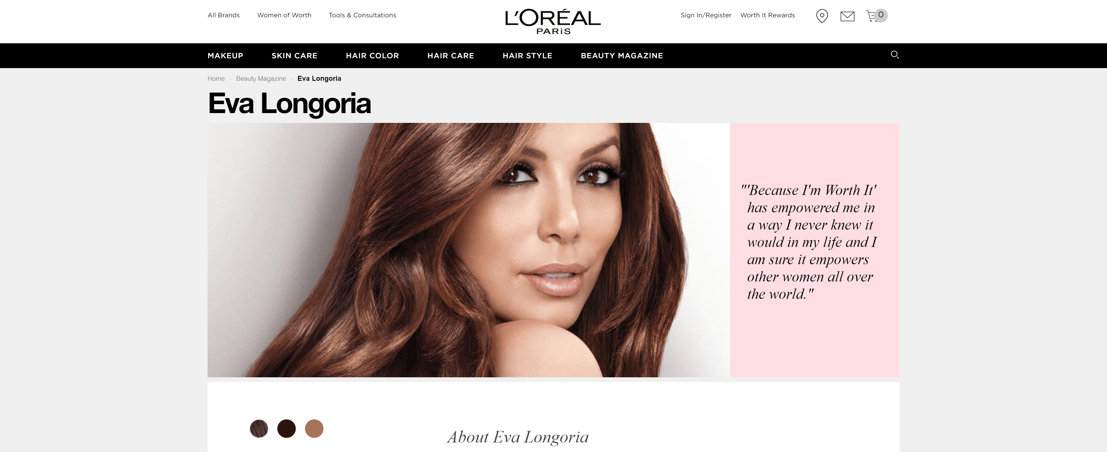 L'Oreal Paris product page with Eva Longoria endorsement as credibility signal