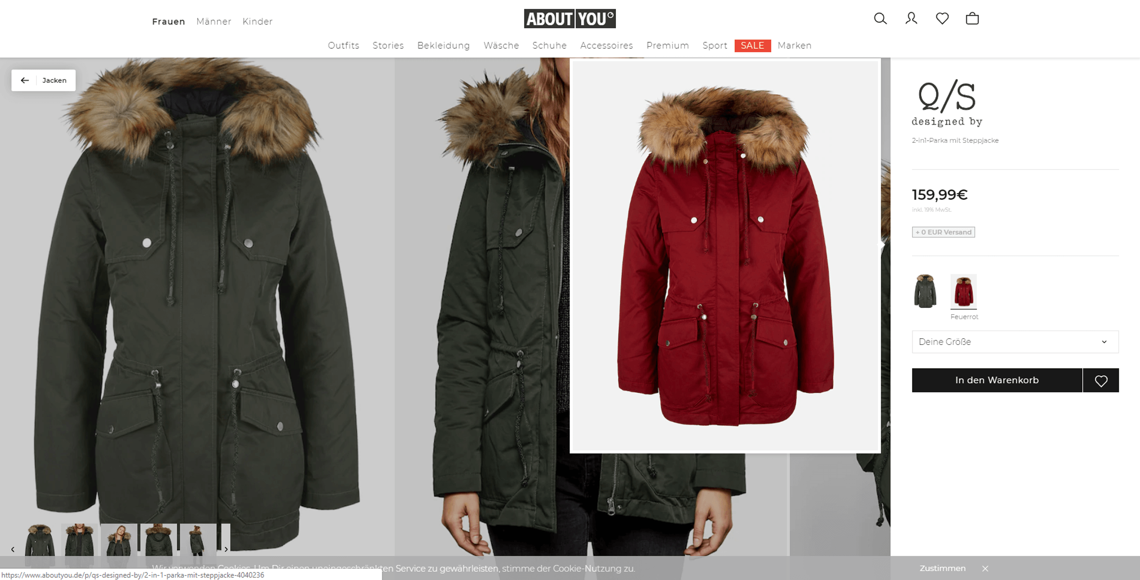 AboutYou 2-in-1 parka product page showing color variants inline