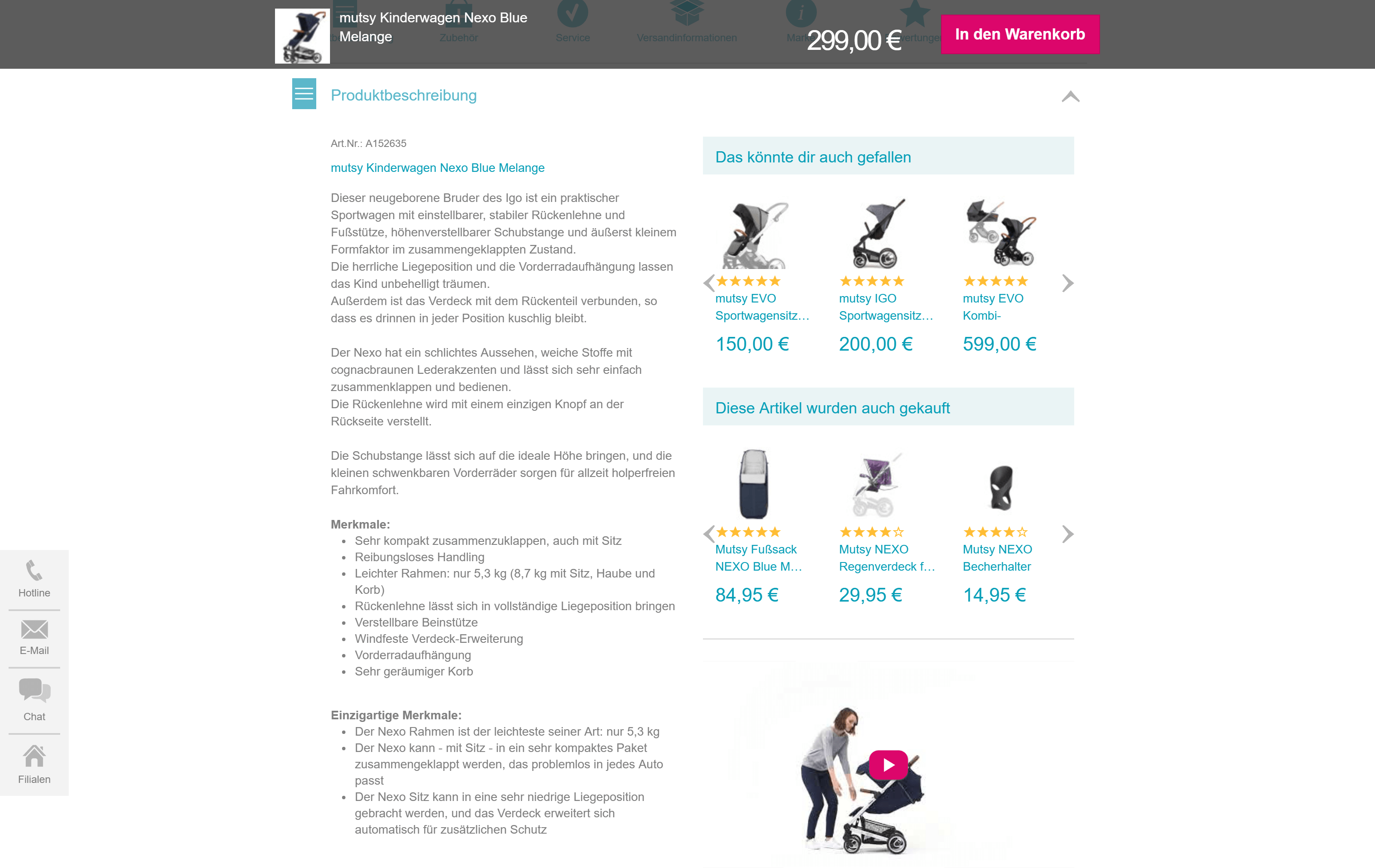 Babymarkt stroller product listing showing structured scannable description